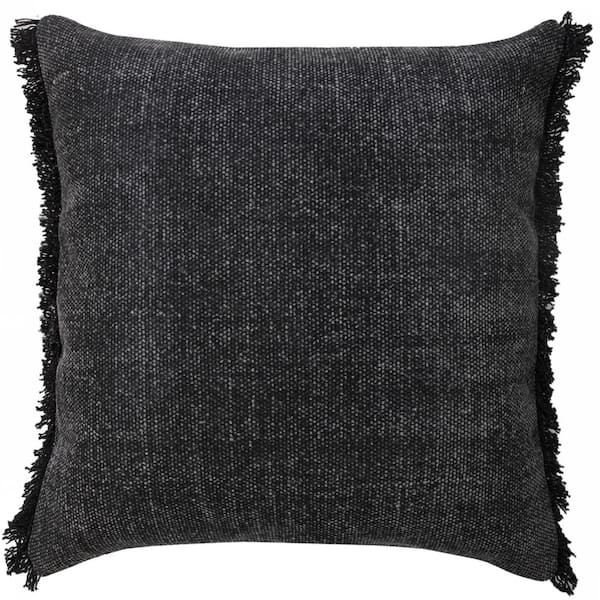LR Home Neera Jet Black Solid Fringe Soft Polyfill 20 in. x 20 in. Throw Pillow