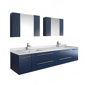 Lucera 72 in. W Wall Hung Bath Vanity in Royal Blue with Quartz Double Sink Vanity Top in White with White Basins