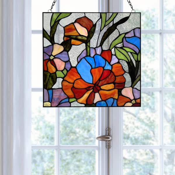 River of Goods Multi Stained Glass Fiery Hearts and Flowers Window Panel  15046 - The Home Depot