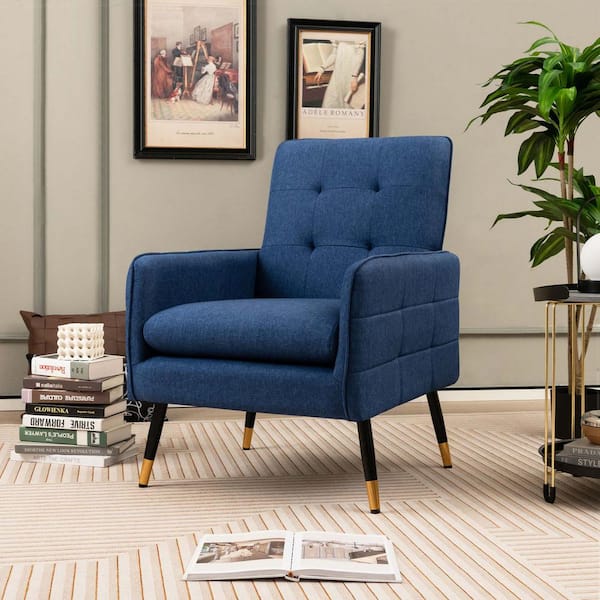 Costway Blue Linen Fabric Accent Chair Modern Single Sofa Chair with Solid Metal Legs