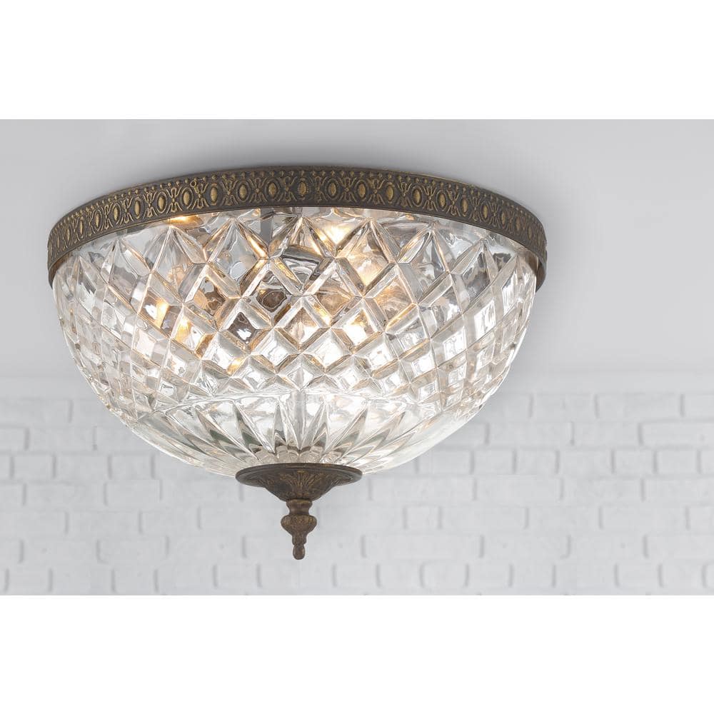 English Bronze Crystal 3-Light Bowl Ceiling Mount