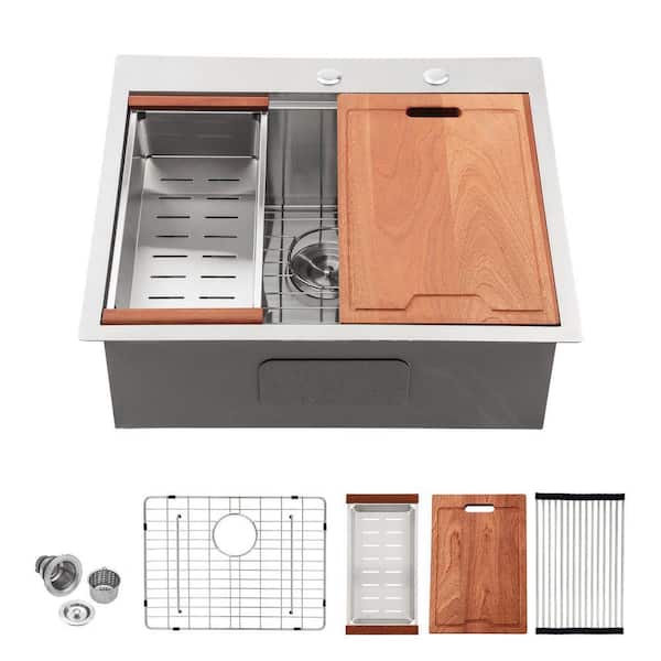 28 in. Drop in Workstation Sink Single Bowl 16-Gauge Brushed Stainless Steel Kitchen Sink with Accessories
