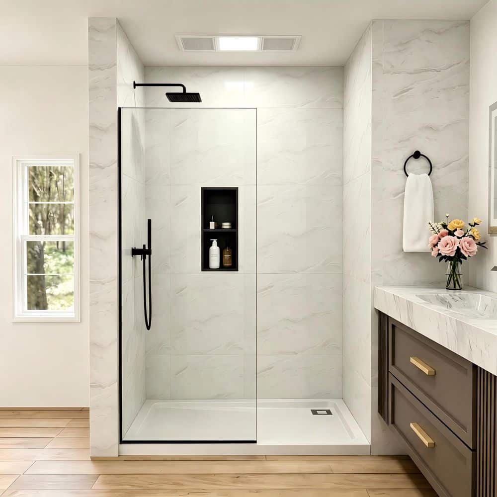 36 in. W x 74 in. H Semi-Frameless Fixed Glass Shower Door in Matte Black with Nano-Coated Clear Tempered Glass price history on PriceWatchPro
