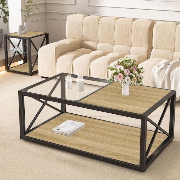 40in Industrial Modern Natural Wood&Black Rectangle Tempered Glass Coffee Table with X-Frame&Hybrid Top