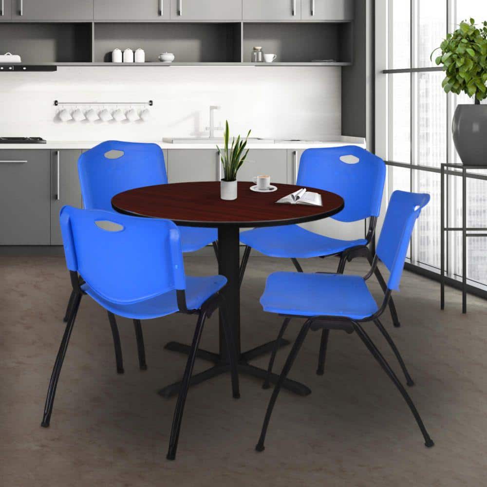 Cain 36 in. Mahogany Round X-Base Breakroom Table Desk and 4 M Stack Chairs-Blue