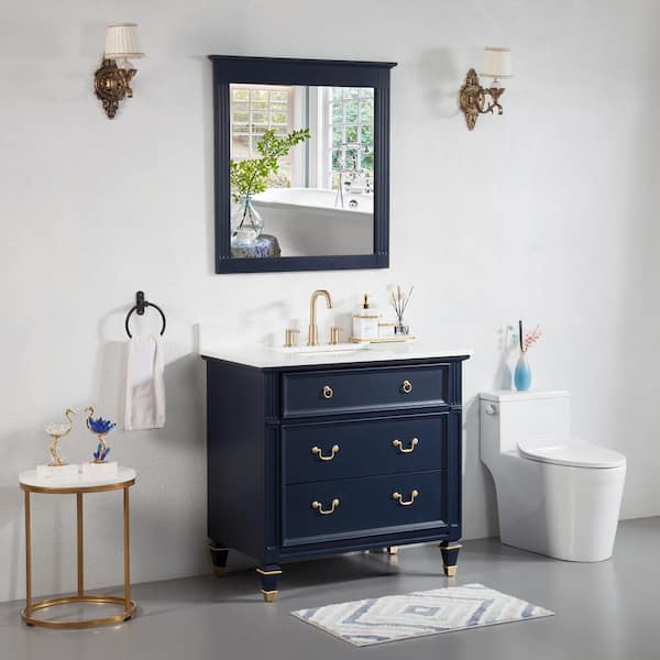 Allen 36 in. W x 22 in. D x 35 in. H Bath Vanity in Navy Blue with Carrera White Vanity Top with Single White Basin