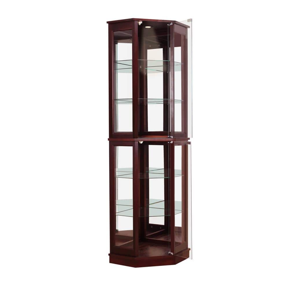 Cherry Lighted Corner Curio Cabinet with Glass Shelves