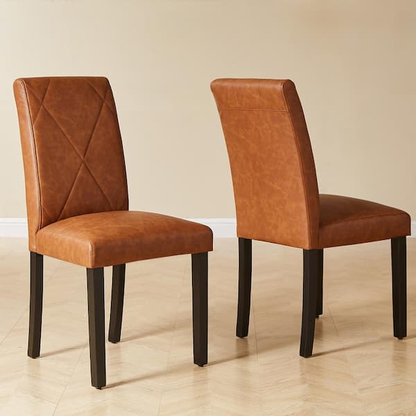 VECELO Dining Chairs Set of 2 Brown Modern PU Leather and High Back Solid Wood Legs, Upholstered Kitchen Chairs for Dining Room