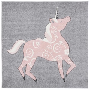 Carousel Kids Gray/Pink 3 ft. x 3 ft. Animal Print Solid Color Square Area Rug