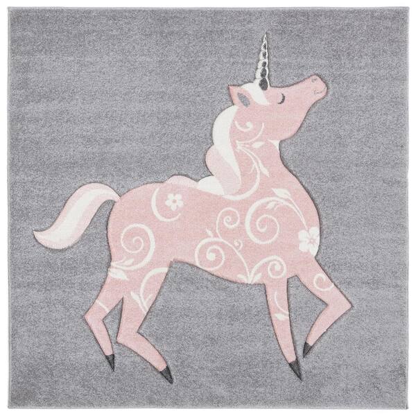 SAFAVIEH Carousel Kids Gray/Pink 3 ft. x 3 ft. Animal Print Solid Color Square Area Rug