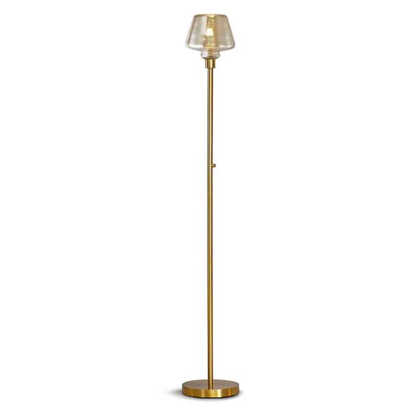 HomeGlam Cafe 71 in. Brushed Brass LED Dimmable Torchiere Floor Lamp with LED Bulb, Mercury Glass Shade