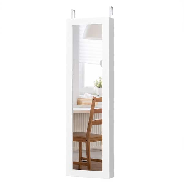 Wall Door Mounted Mirrored Jewelry Cabinet Organizer Storage LED Light White