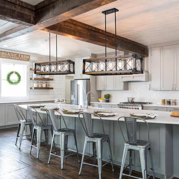 5-Light Kitchen Island Lighting Farmhouse Rustic Linear Chandelier Pendant Light Fixture for Dining Room in Wood Grain