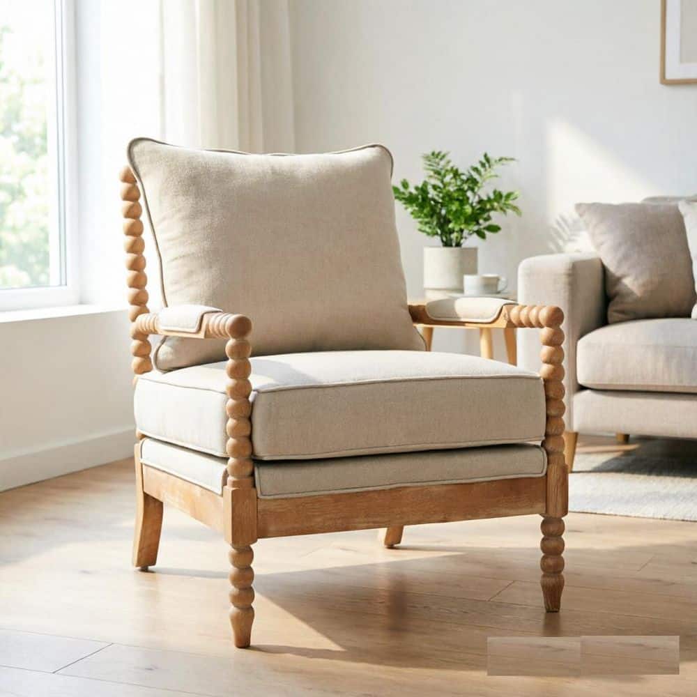 Hand-Turned Bobbin Spindle Natural Fabric Upholstery Accent Arm Chair with Rubber Wood Frame High-Density Sponge Cushion price history on PriceWatchPro