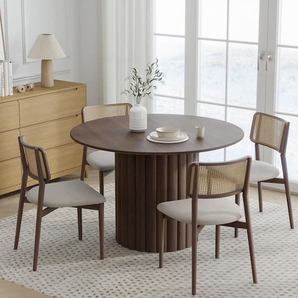 Dovelina 46 in. Walnut Oak Wood Color Column Pedestal Round Kitchen Table Dining Table Seats 4