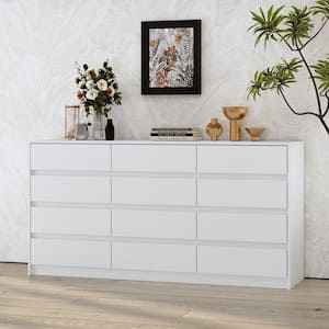 White 12-Drawer 63 in. Width Wooden Dresser, Chest of Drawers, Storage Cabinet for Home Storage without Mirror