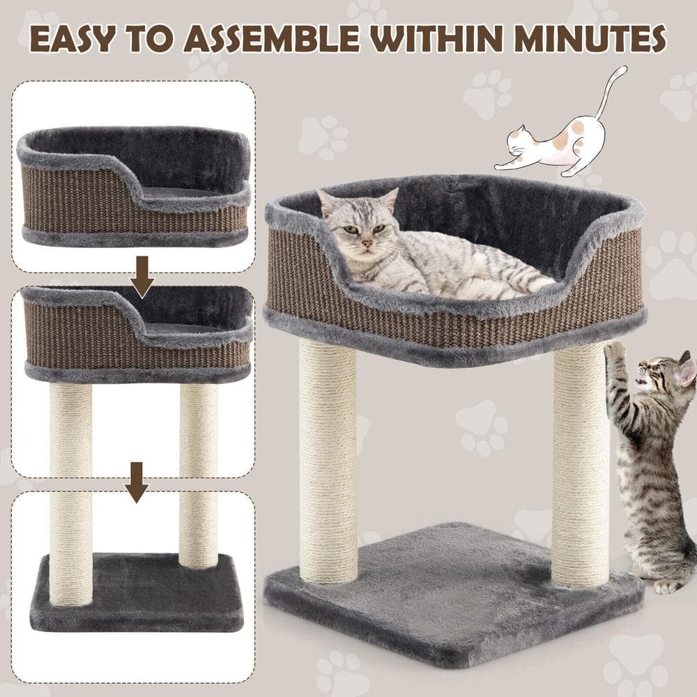 Gray Plush and Sisal Freestanding Cat Tree with Perch