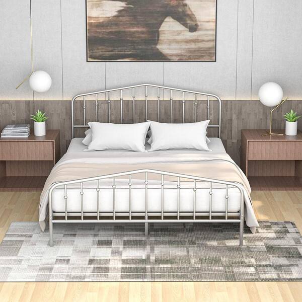 Costway Silver Queen Size Metal Bed Frame Steel Slat Platform Headboard Footboard Bedroom QD 68539SLnew