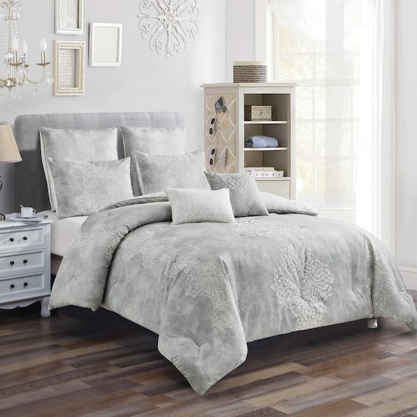 Shatex 7-Piece Gray Floral Polyester Queen Comforter Set Luxury Bed in a Bag