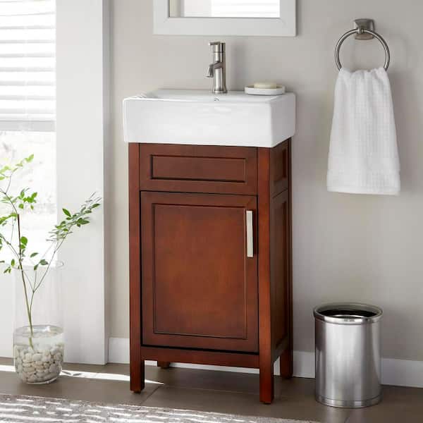 Arvesen 18 in. Single Sink Compact Bath Vanity in Tobacco with White Ceramic Top (Assembled)