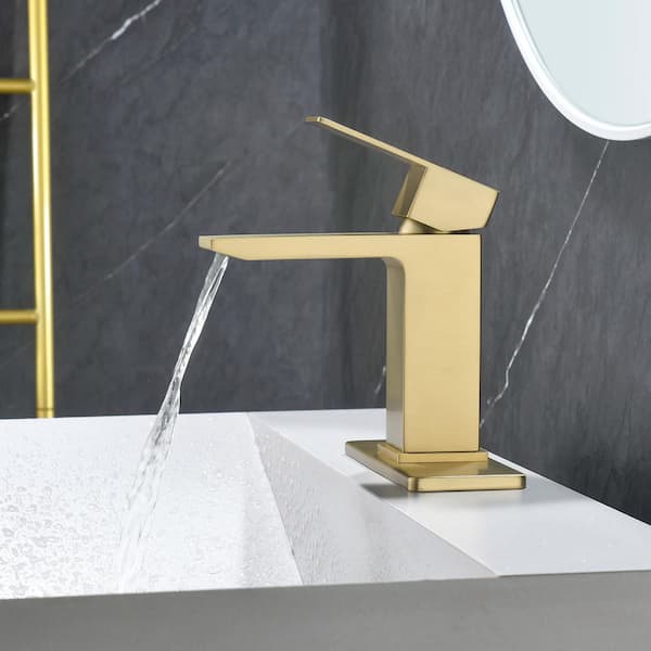 Single Handle Single Hole Stainless Steel Deck Mount Bathroom Sink Faucet w/Pop-Up Drain and  Deck Plate in Brushed Gold