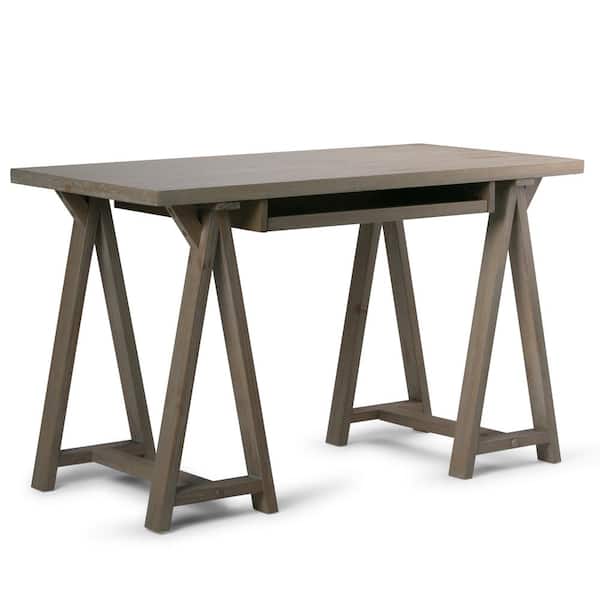 Simpli Home Sawhorse Solid wood Modern Industrial 50 in. Wide Small Writing Office Desk in Distressed Grey