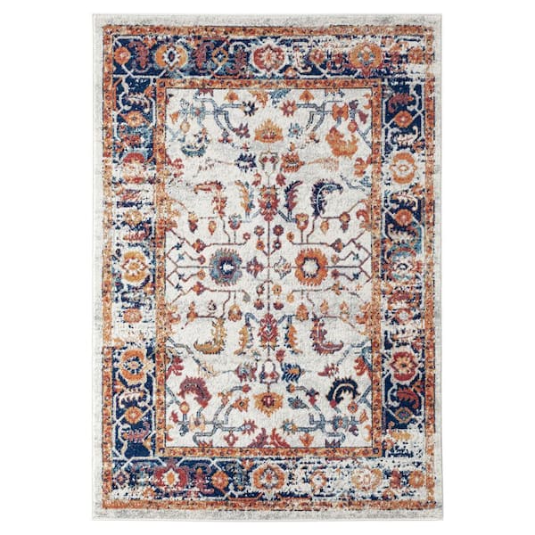 Alexandria 8 x 10 Ivory/Gold Bordered Pattern Area Rug for High Traffic Living Room Dining Room Bedroom