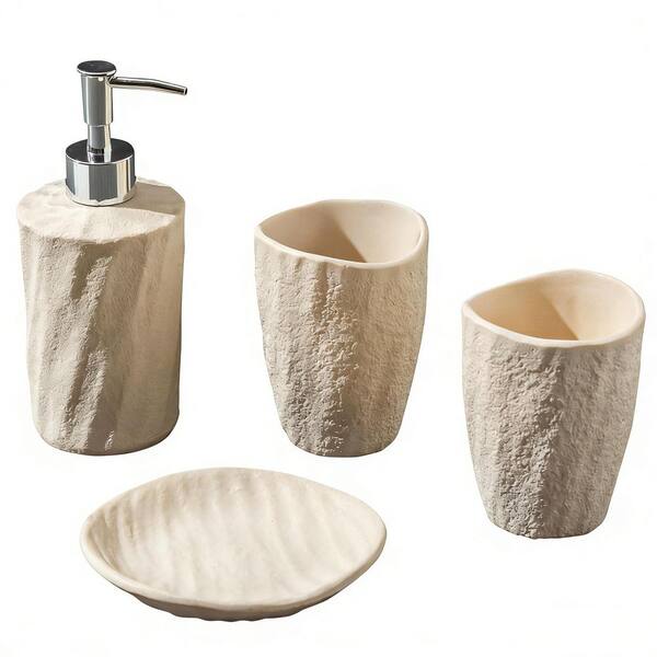 4-Piece Modern Stone Look Bath Accessory Set with Soap Dispenser, Toothbrush Holder, Tumbler and Soap Dish in Yellow