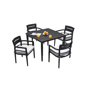 5-Piece Ember Black Aluminum Square Outdoor Dining Set with White Sunbrella Fabric Cushions and An Umbrella Hole