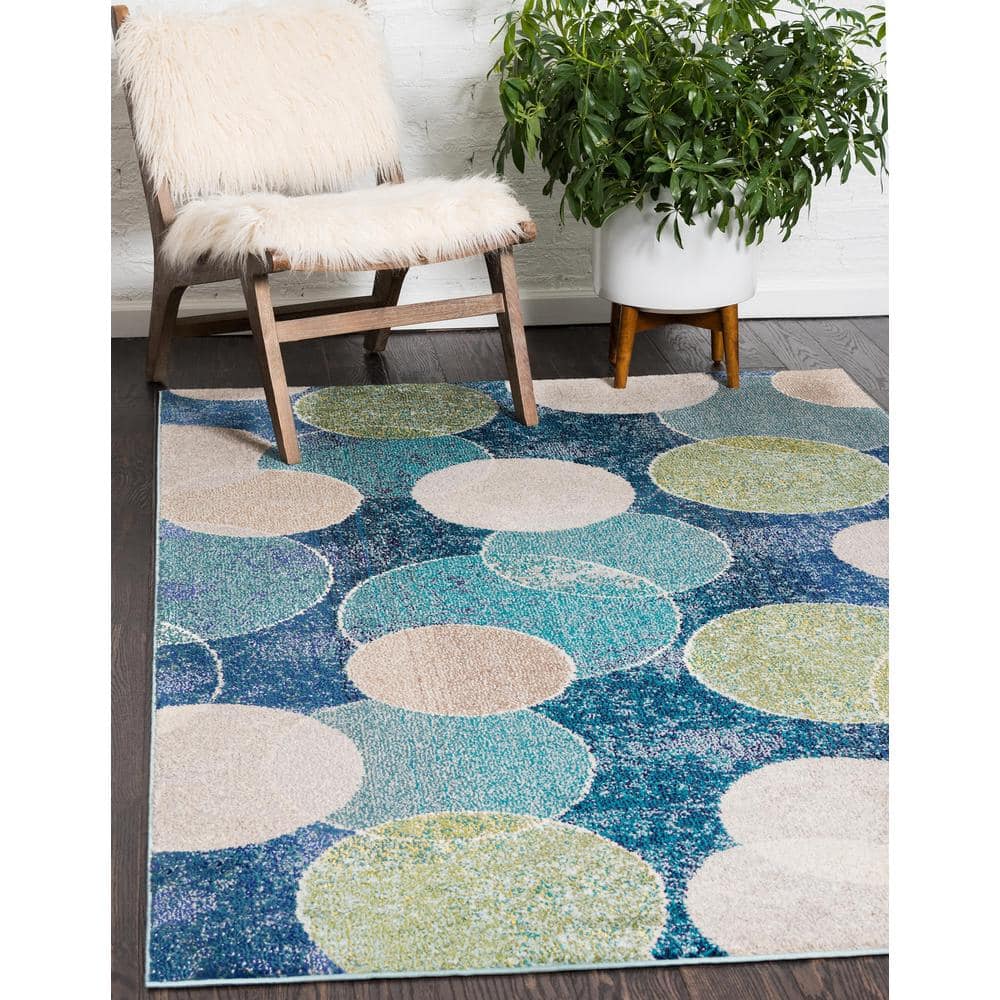 Navy Blue Rectangular Abstract Stain-Resistant Synthetic Rug