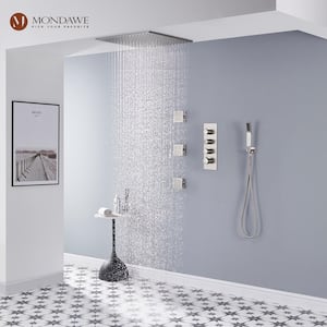 Thermostatic 3-Spray Patterns 20 in. Flush Ceiling Mount Rain Dual Shower Heads with 3-Jet in Brush Nickel