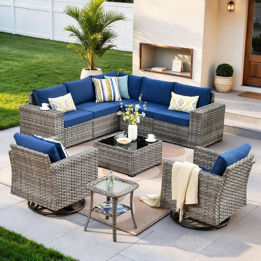 Claret 9-Piece All-Weather Wicker Outdoor Patio Sectional Furniture Set with Swivel Chairs and Navy Blue Cushions price history on PriceWatchPro