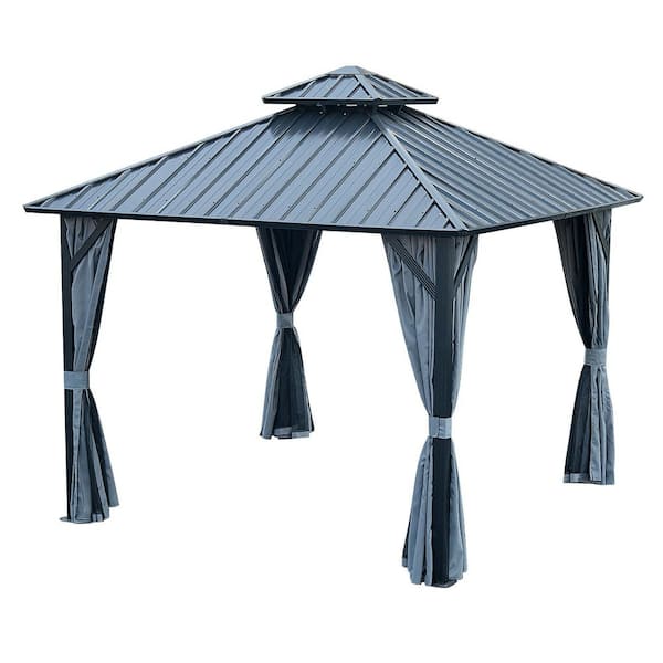 10 ft. x 10 ft. Gray Hardtop Outdoor Patio Gazebo Canopy with Steel Roof, Curtains, and Netting for Lawn, and Garden