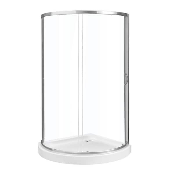 Breeze 36 in. L x 36 in. W x 76.97 in. H Corner Shower Kit with Clear Framed Sliding Door in Satin Nickel and Shower Pan