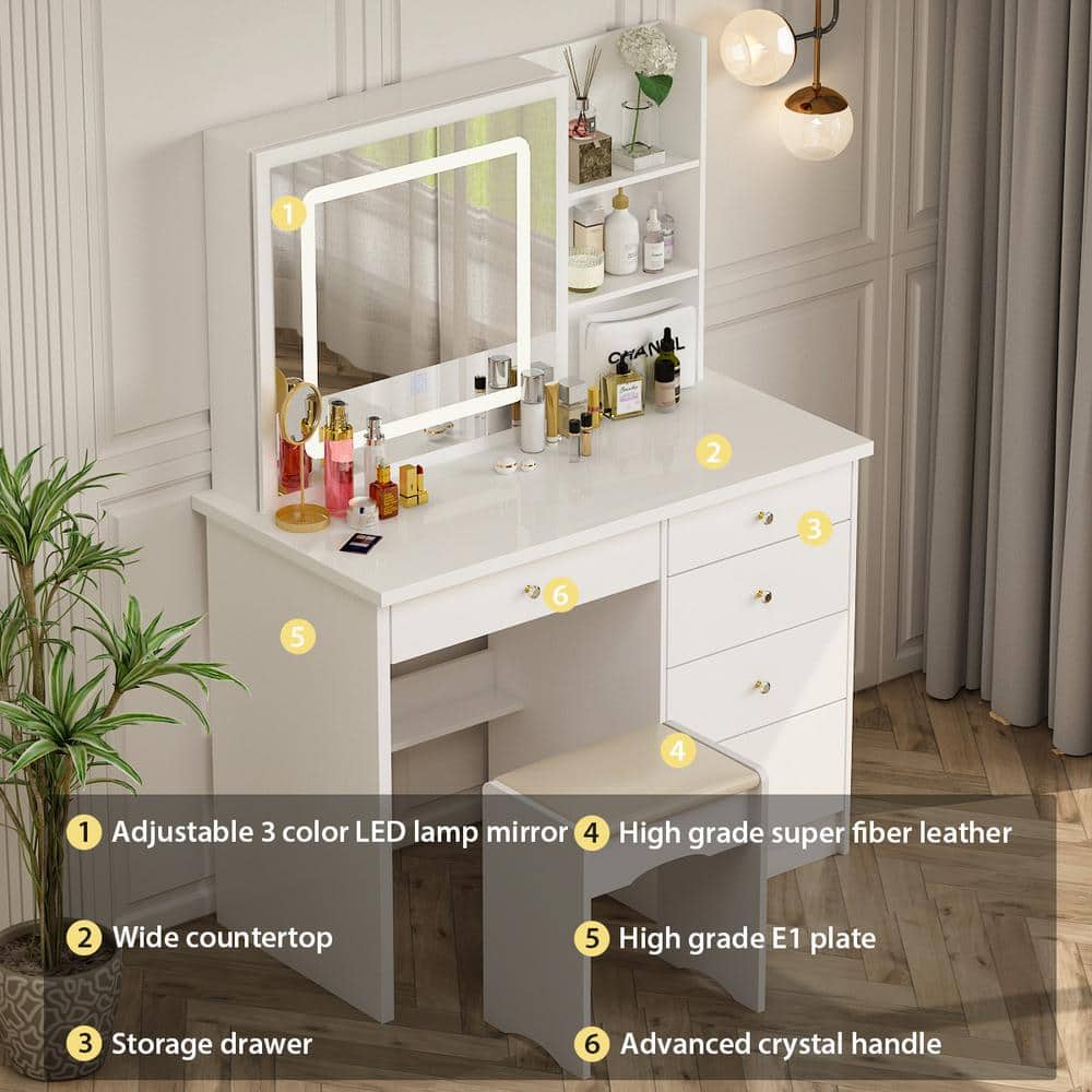 5-Drawers White Wood LED Push-Pull Mirror Makeup Vanity Sets Dressing Table Sets with Stool and 3-Tier Storage Shelves - thumbnail 5