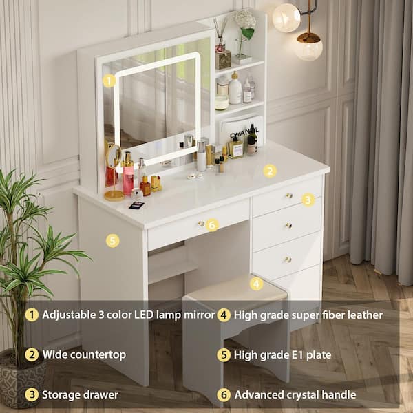 AIEGLE Large Vanity Desk Set with Clear Rectangular Mirror, Makeup Dressing  Table with Shelves & Cushioned Stool, Vanity Desk & Vanity Stool Set