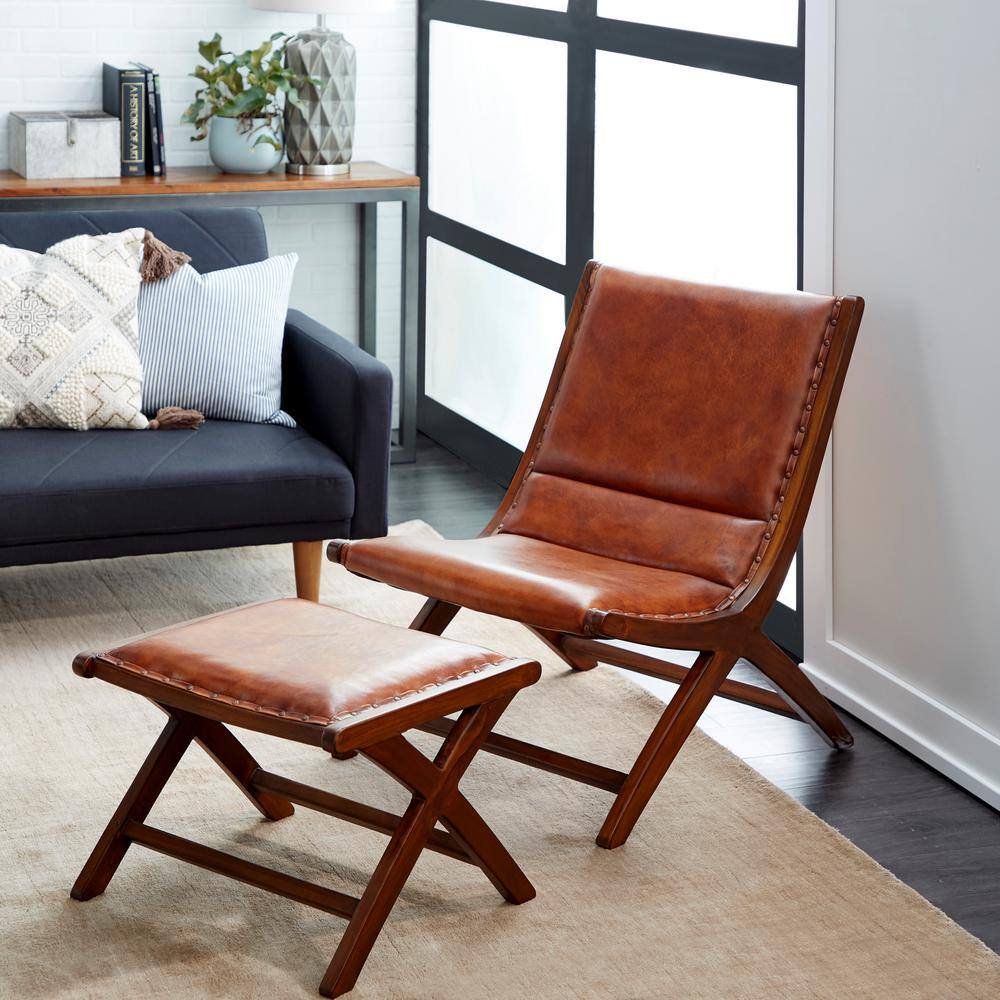 Set of 2 Brown Teak Wood Leather Accent Chairs with Ottoman