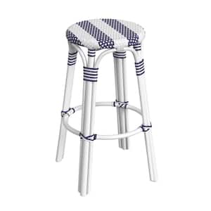 Tobias 30 in. White and Navy Stripe Backless Round Rattan Bar Stool