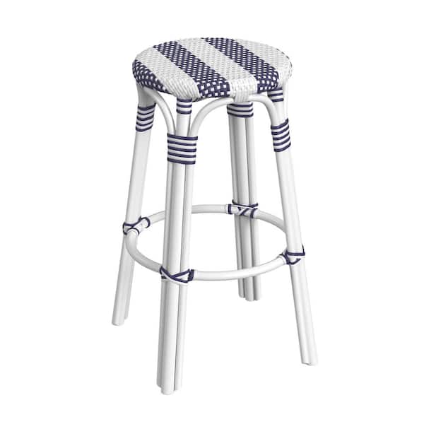 Butler Specialty Company Tobias 30 in. White and Navy Stripe Backless Round Rattan Bar Stool
