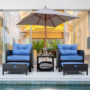 5-Pieces Wicker Patio Furniture Set Outdoor Patio Chairs with Ottomans, Blue Cushions