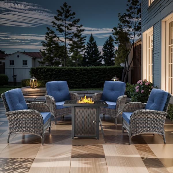 Carlos 5-Piece Wicker Patio Rectangle Fire Pit Conversation Set with Armchairs and Blue Cushions