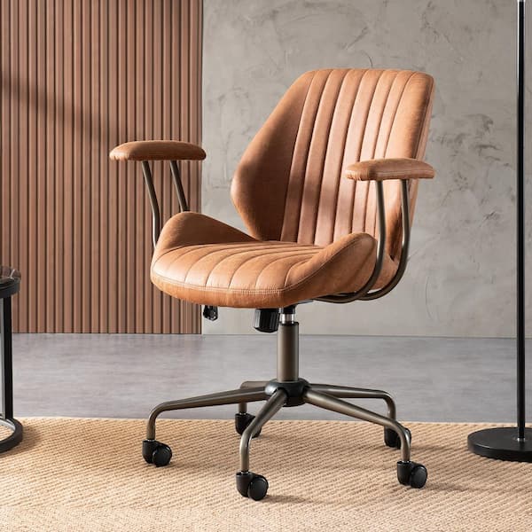 Allwex Magic Brown Suede Fabric Swivel Office Task Chair with Arms and Lumbar Support