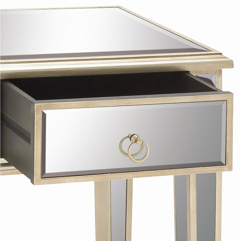 Beige Mirrored Fir Wood Accent Table with Storage