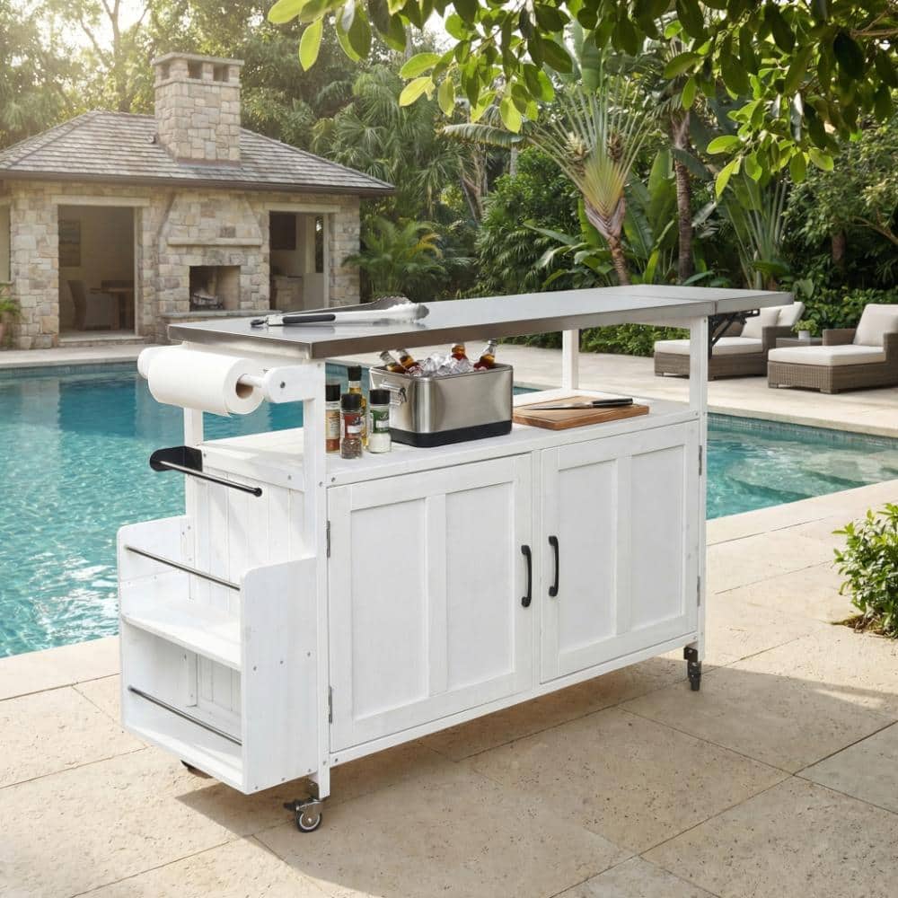 Nestfair White Stainless Steel Top 60.6 in. Outdoor Kitchen Island
