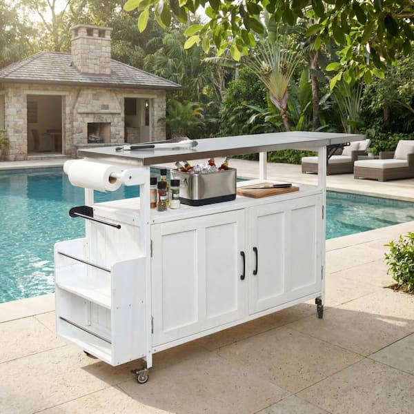 White Stainless Steel Top 60.6 in. Outdoor Kitchen Island with Lockable Wheels and Towel Rack
