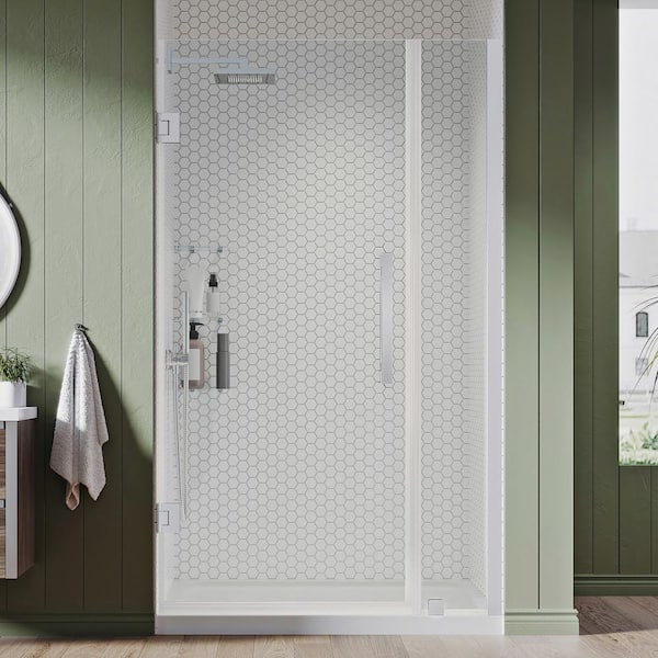 OVE Decors Tampa-Pro 32in. L x 32in. W x 75in. H Alcove Shower Kit w/Pivot Frameless Shower Door in Chrome w/Shelves and Shower Pan
