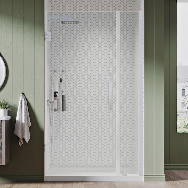 OVE Decors Tampa-Pro 34in. L x 32in. W x 75in. H Alcove Shower Kit w/Pivot Frameless Shower Door in Chrome w/Shelves and Shower Pan