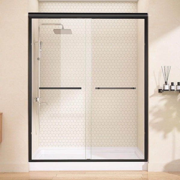 56 in.-60 in. W x 75 in. H Double Sliding Semi-Frameless Shower Door in Matte Black with 1/4 in. Nano-Coated Clear Glass