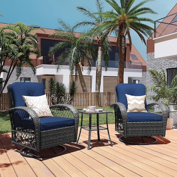 PATIO WATCHER Patio Watcher 3-Piece Gray Wicker 360° Patio Conversation Outdoor Rocking Chair Set with Navy Blue Cushions