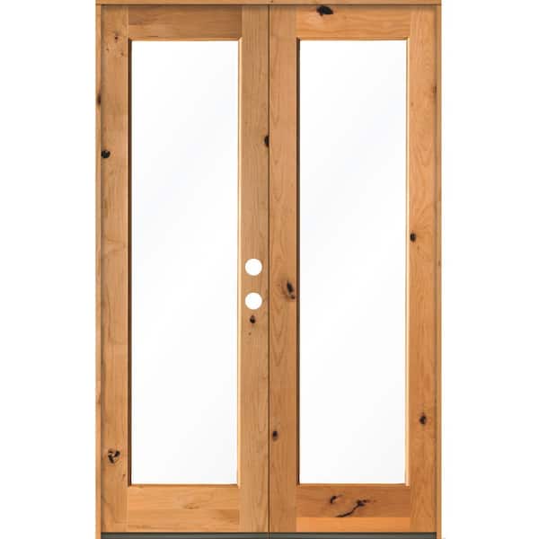 Krosswood Doors 64 in. x 96 in. Rustic Knotty Alder Clear Full-Lite Clear Stain Wood Left Active Inswing Double Prehung Front Door